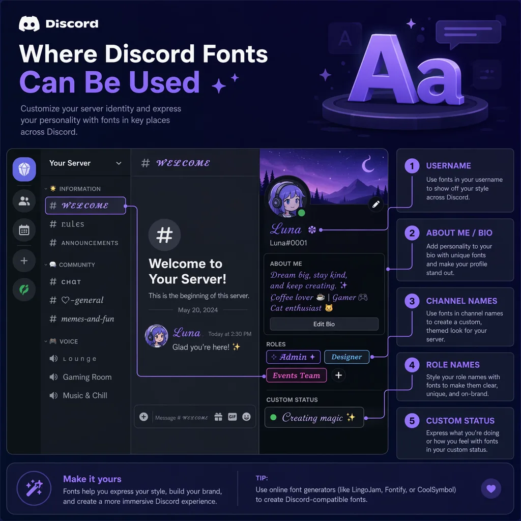 Discord font styles for display names, bios, server names, and roles