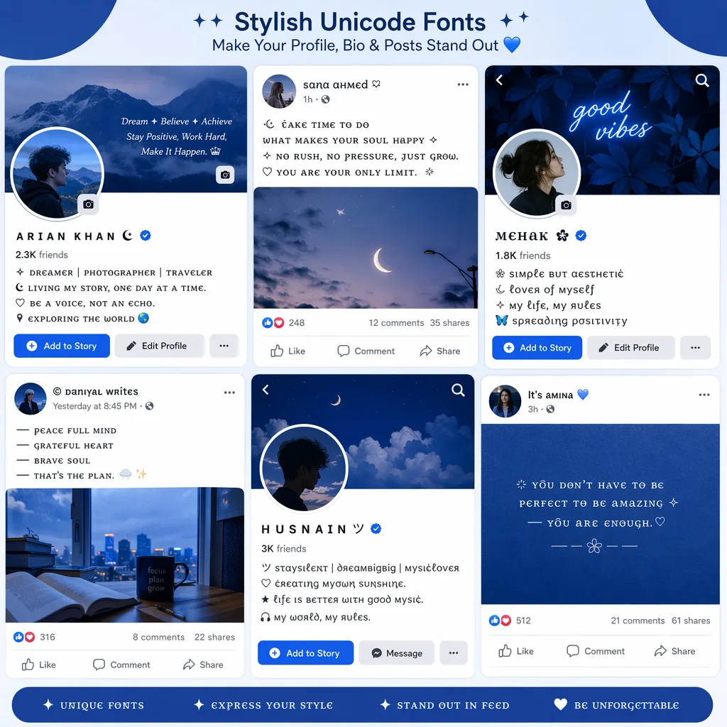 Facebook font examples for bio, posts, and profile