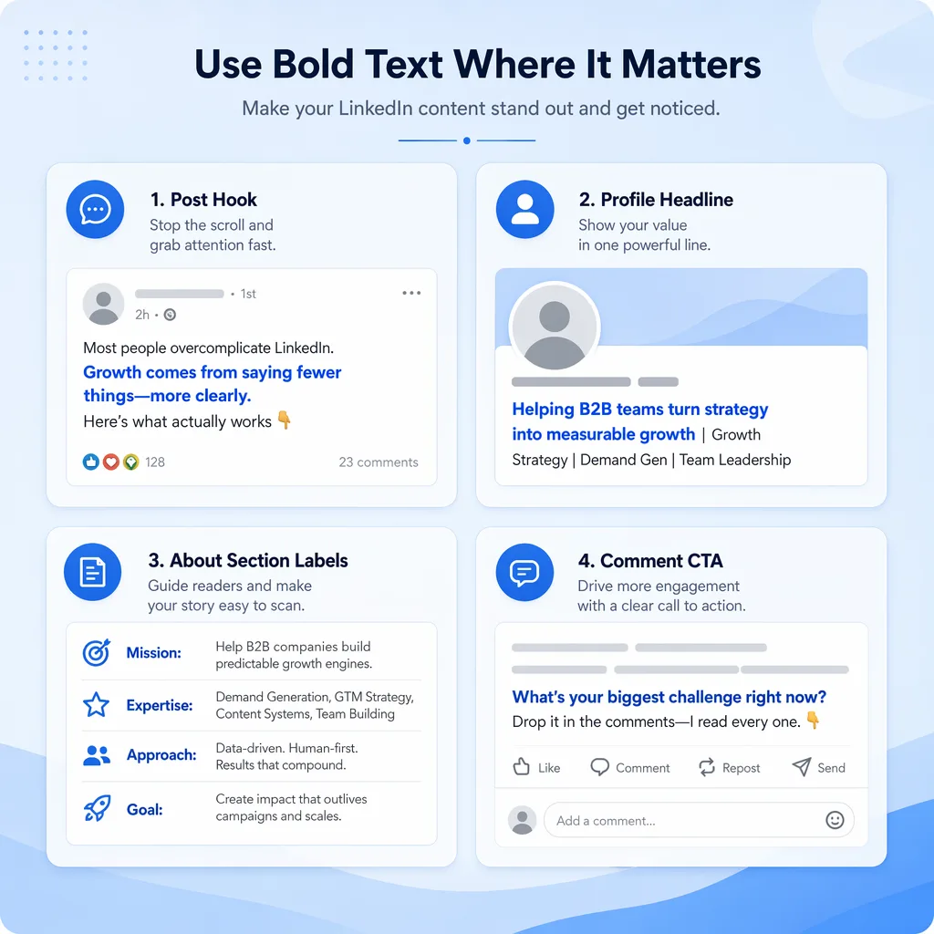 LinkedIn bold text examples for headlines, posts, and about sections