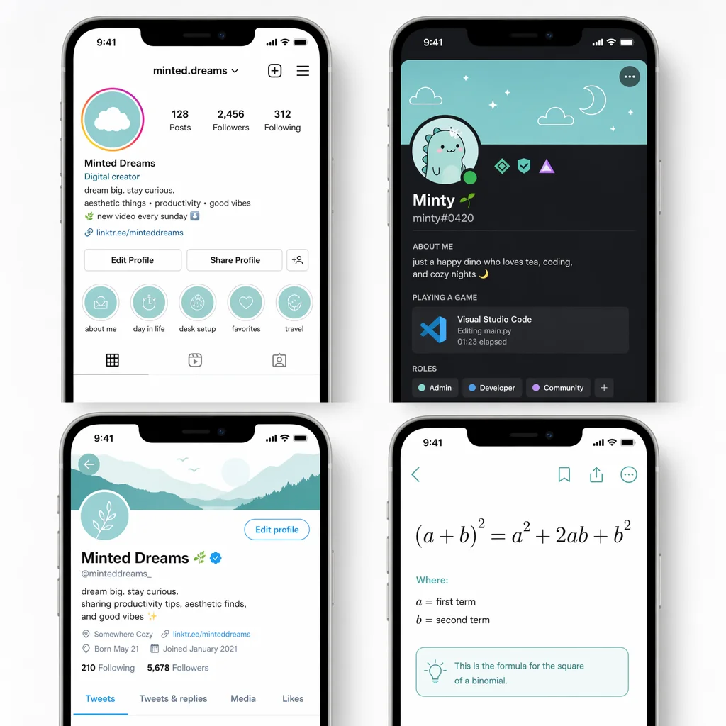 Small text examples for social media bios and usernames