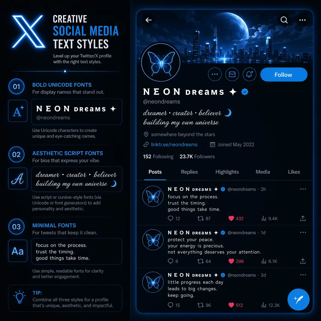 Twitter font examples for display name, bio, and tweets